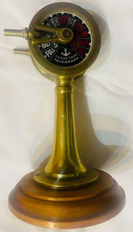 BRASS SHIP'S THROTTLE DESKTOP PIECE MOUNTED ON WOOD BASE