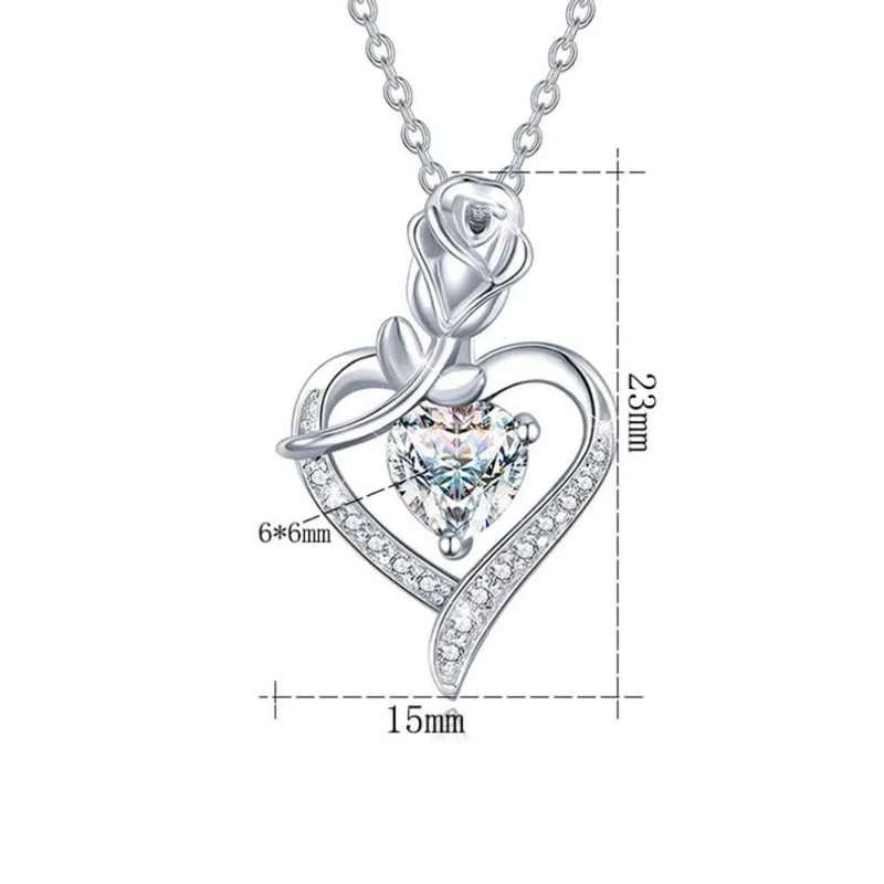 Necklace Sterling Silver 925 Cubic Zirconia Diamond Inlay Elegant Heart and Rose Pendant