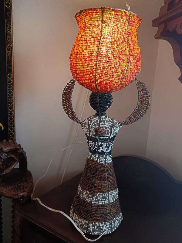 Beaded Table Lamp of a Woman with a Pot on her Head & Baby on her Back