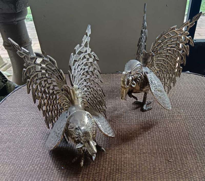 Large Pair of Brass Fighting Cocks