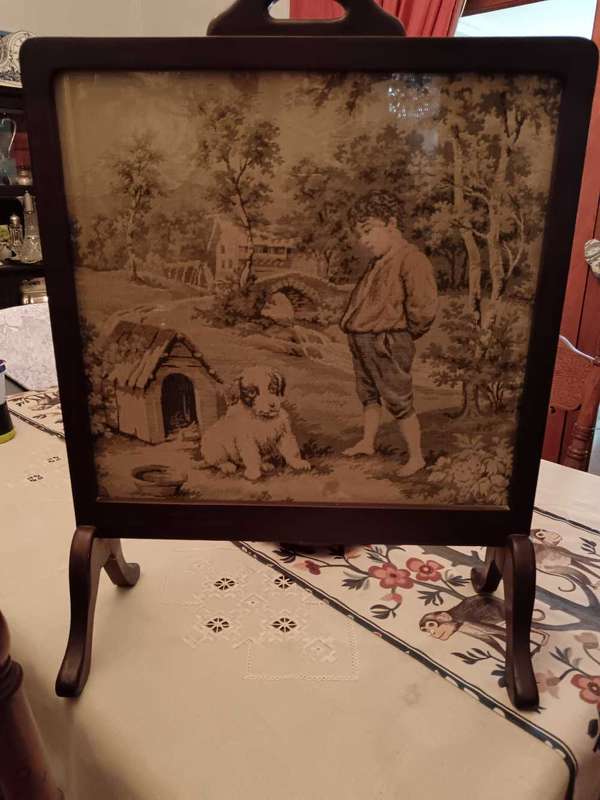 Vintage French Tapestry & Wooden Firescreen