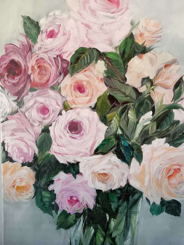 Leigh Woodgate Painting of Roses in a Glass Vase