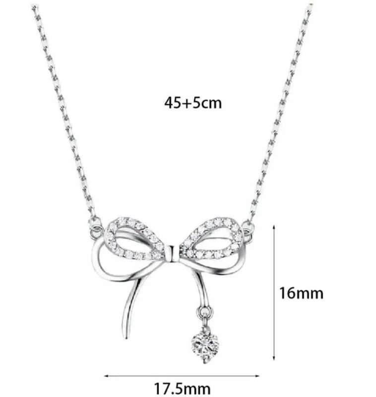 Necklace Sterling Silver 925 Crystals Insert Elegant Bow Knot Fine Chain