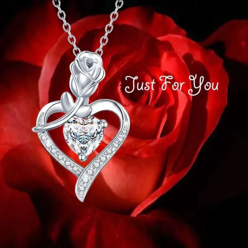 Necklace Sterling Silver 925 Cubic Zirconia Diamond Inlay Elegant Heart and Rose Pendant