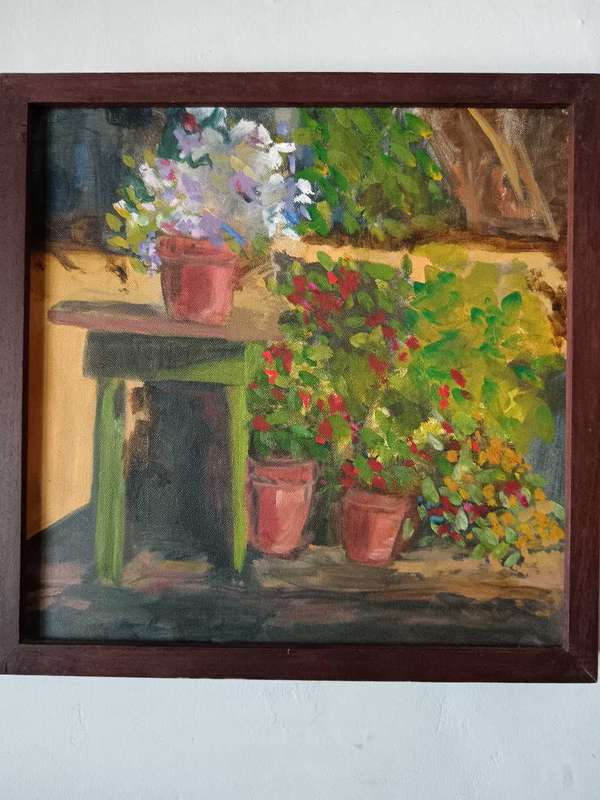 Framed Flower Shed Painting