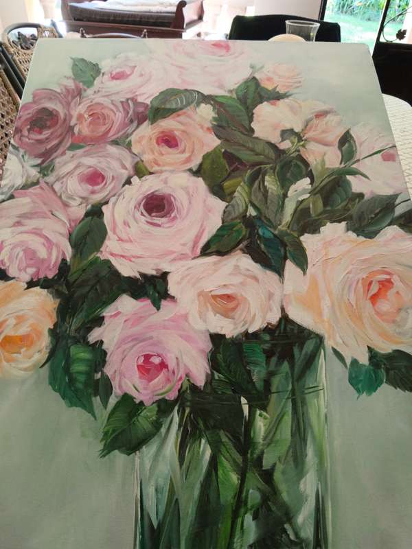 Leigh Woodgate Painting of Roses in a Glass Vase