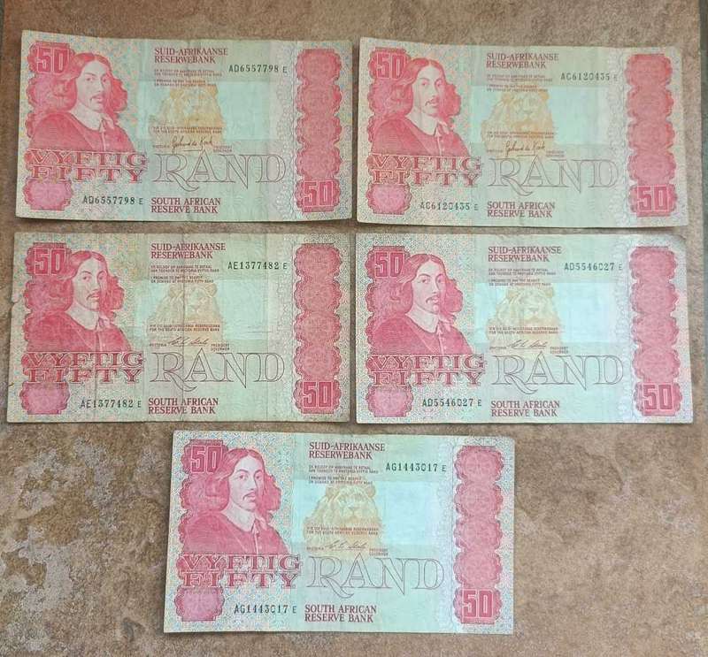 South Africa 5 x Old R50 Notes, Van Riebeck