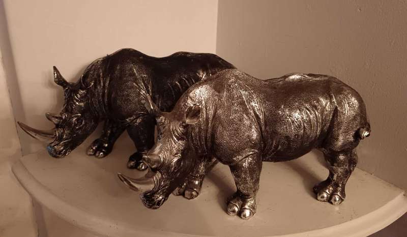 Pair of Silver Tone Rhino Statues