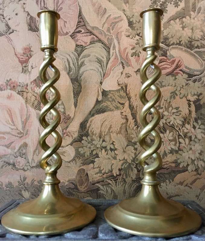 Antique brass open barley twist candlesticks