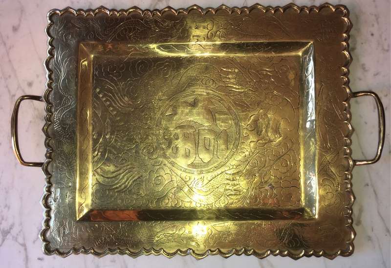 Vintage etched decorative brass tray