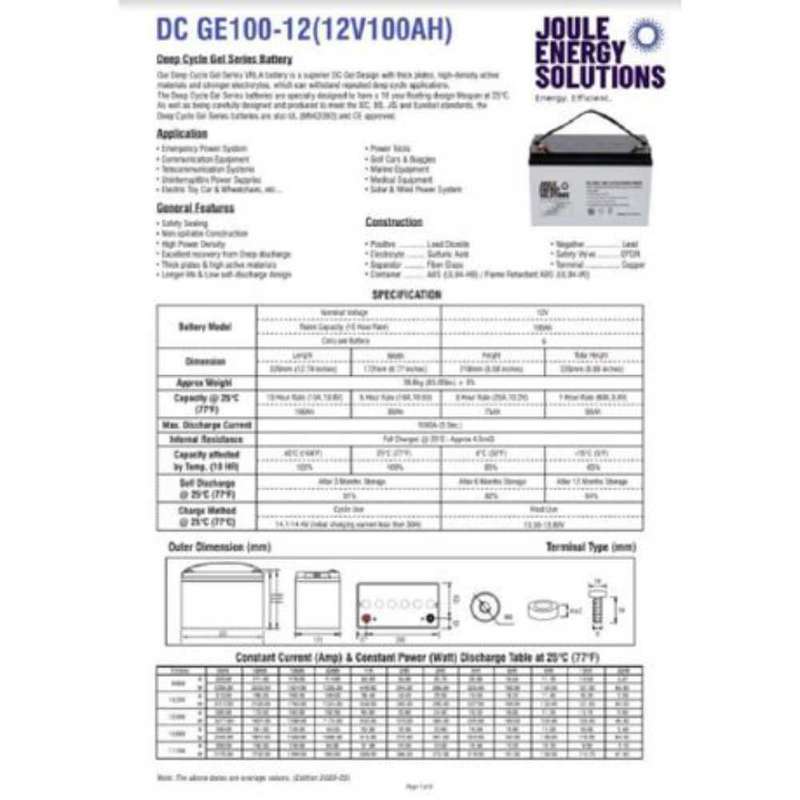 Gel Battery 12 v -100a/h -Heavy Duty Deep Cycle GEL Battery - Rated for Minimum of 500 Life Cycles