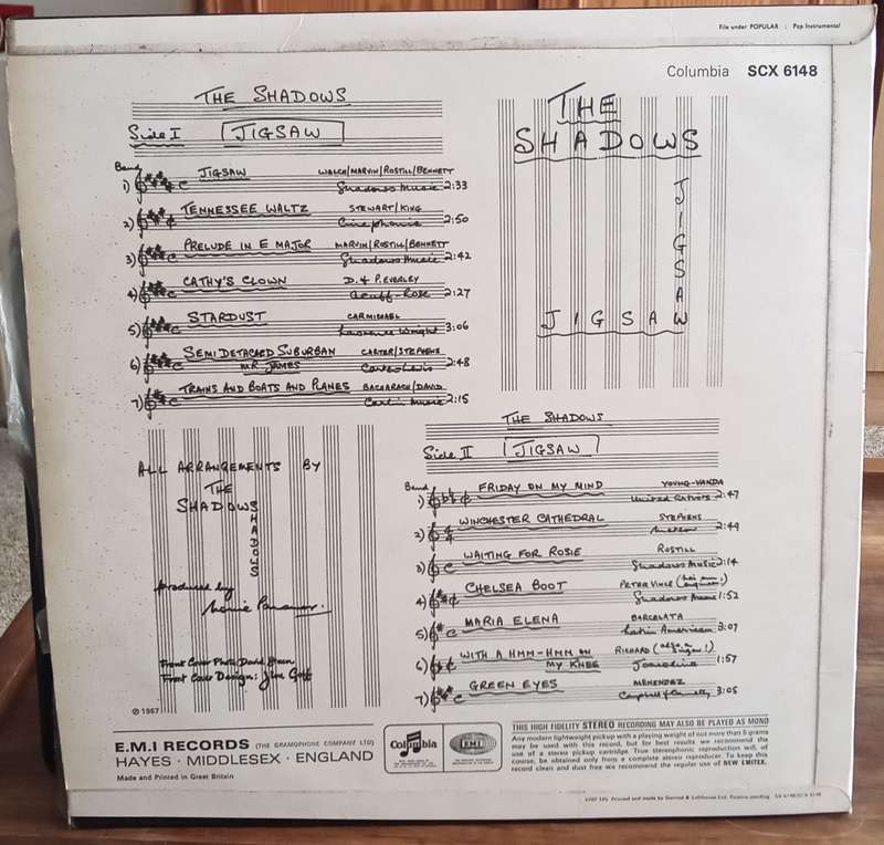 THE SHADOWS - JIGSAW 33 1/3 RPM VINYL RECORD