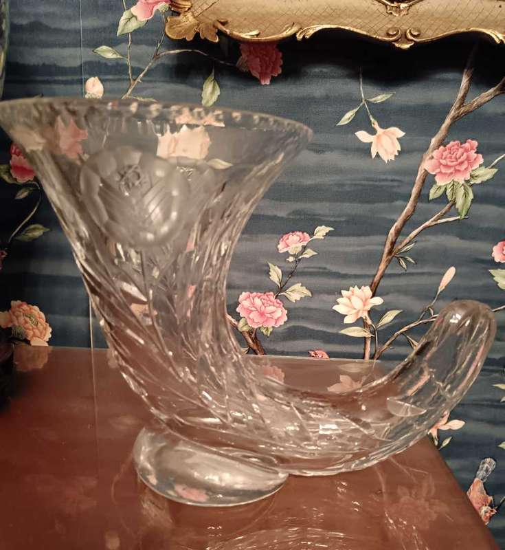 Bohemia Czech Cornucopia Crystal Rose Cut Vase