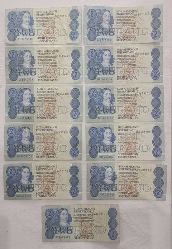 11 x Notes R2 South Africa, Circulated, Very Rare, Very Good Condition