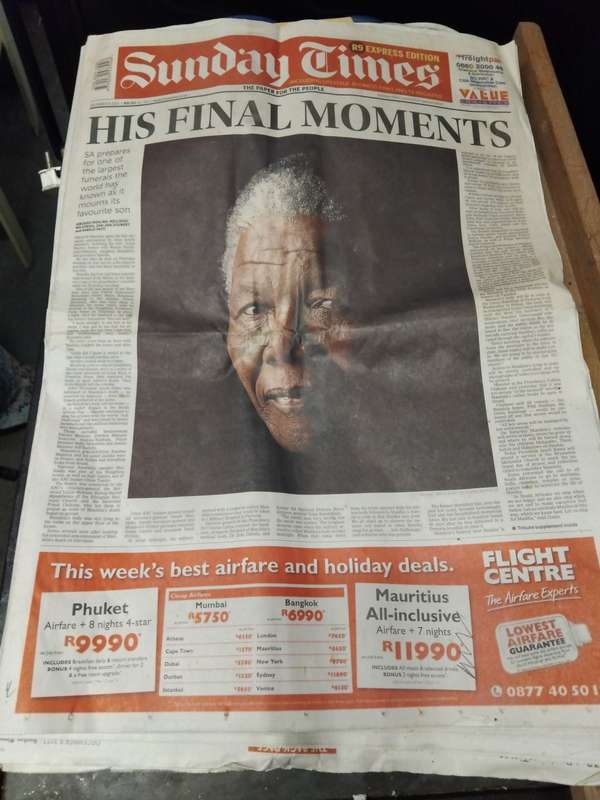 SUNDAY TIMES . 8th DECEMBER 2013. FULL NEWSPAPER. " MANDELA - HIS FINAL MOMENTS "