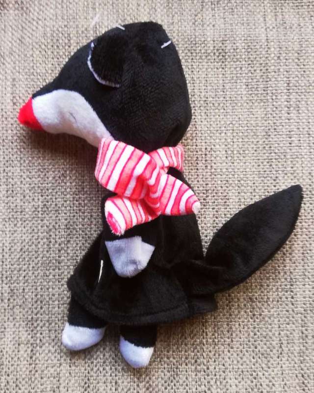 Nosey the Squirrel a plush hand puppet with a red and white stripey scarf! 25cm.