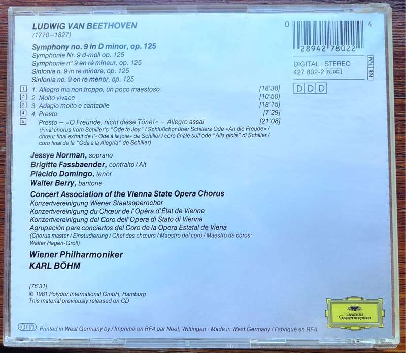 Ludwig van Beethoven  Symphonie No.9 (Made in Germany in 1980s, DDD, Limited edition) 427 802-2