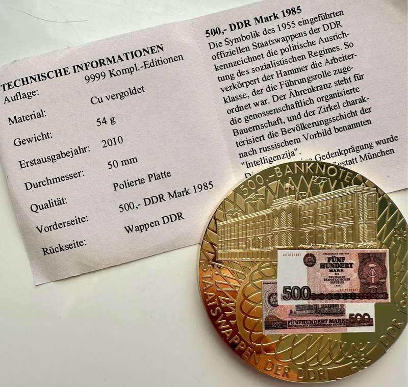 RARE 50MM TOP MEDAL - 500 DDR MARK 1985 - WITH CERTIFICATE AND SEALED