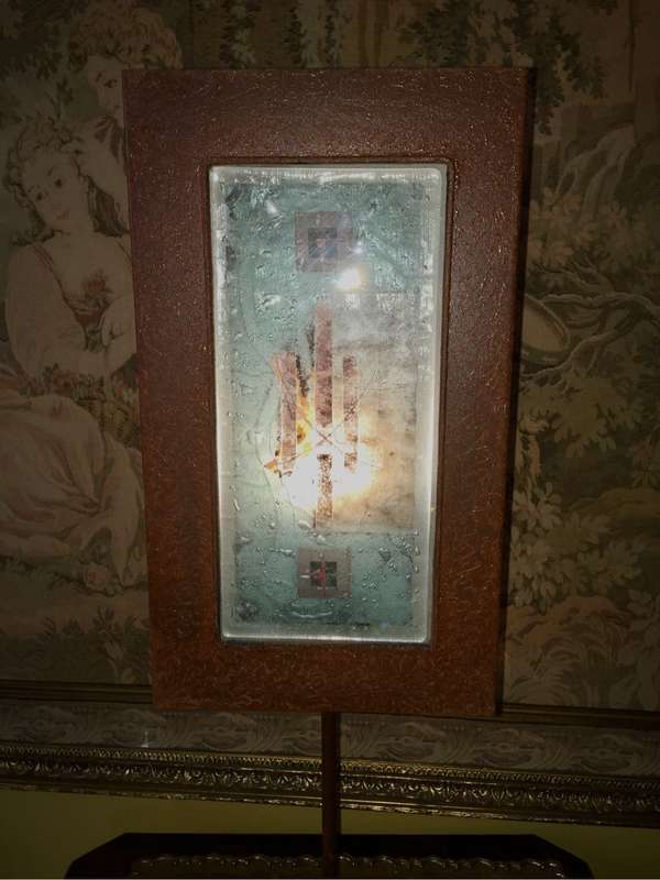 Copper colour metal table lamp with decorative glass panel