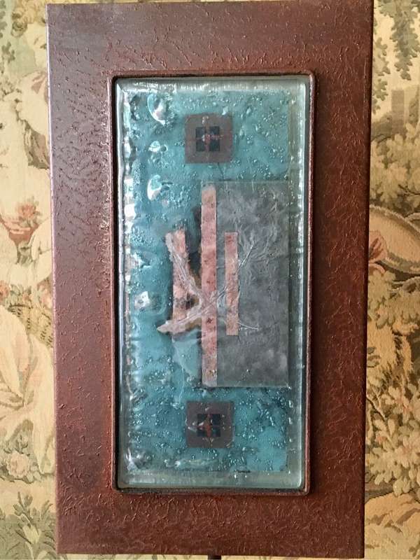 Copper colour metal table lamp with decorative glass panel