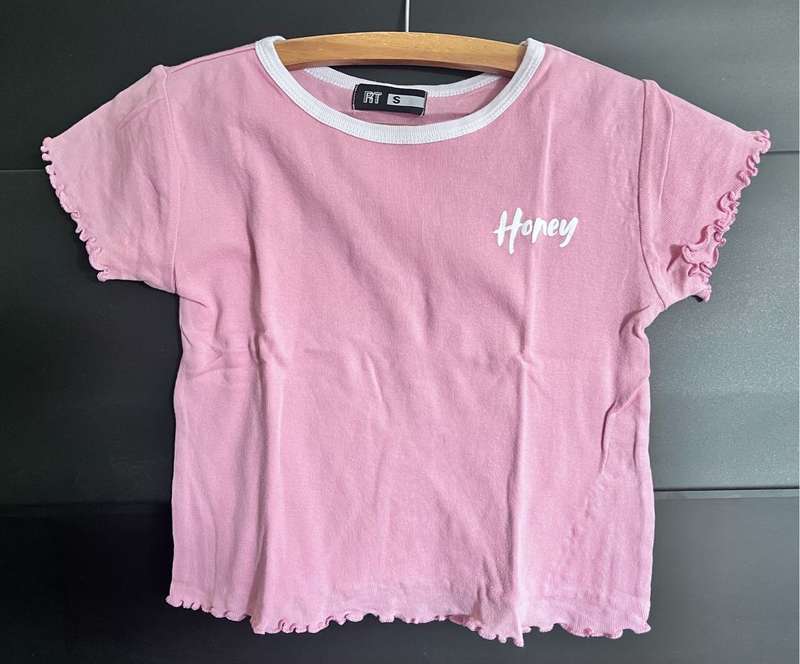 Pink cotton crop top t-shirt with `Honey` logo (size small RT)