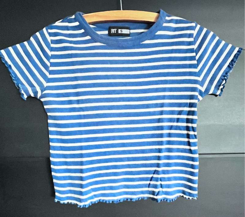 Striped blue and white crop top t-shirt (size small RT)