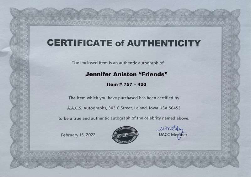 JENNIFER ANISTON -  AUTHENTIC AUTOGRAPH - 100% ORIGINAL - WITH COA