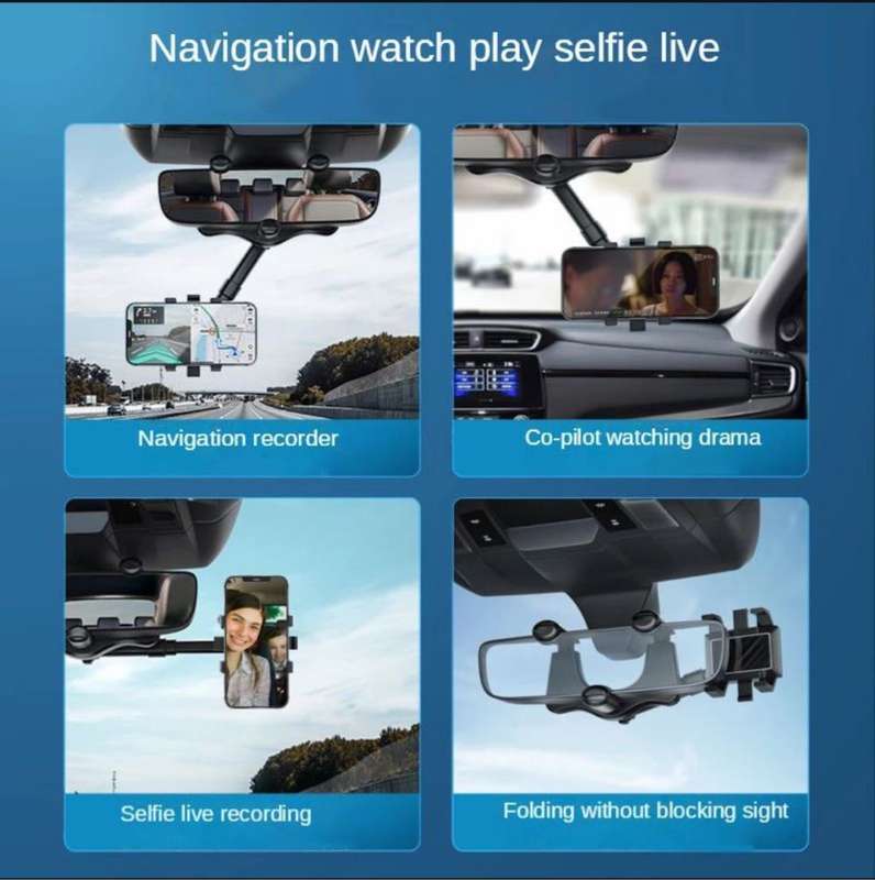 360 Degree Rotatable and Retractable Car Phone Rear View Mirror Holder
