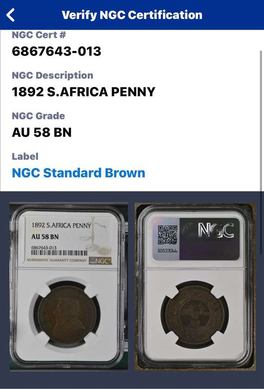 1892 ZAR PENNY - NGC AU 58 BN