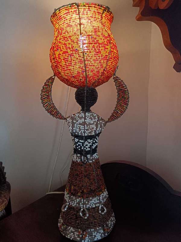 Beaded Table Lamp of a Woman with a Pot on her Head & Baby on her Back