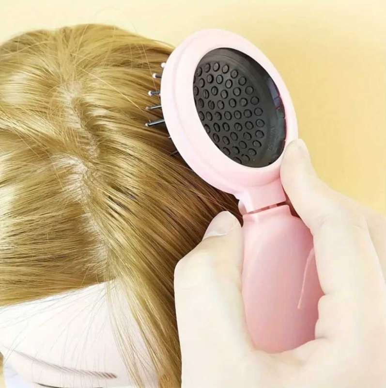 Round Travel Hair Brush with Mirror  Folding Pocket Comb for Hair Massage, Women & Girls(White)
