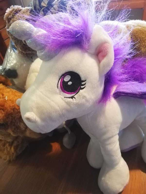 Ponytail Unicorn with long mane and purple wings. Plush Unicorn by Keel Toys. 30cm.