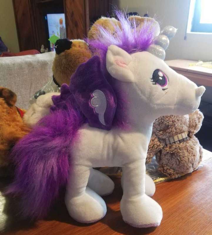 Ponytail Unicorn with long mane and purple wings. Plush Unicorn by Keel Toys. 30cm.