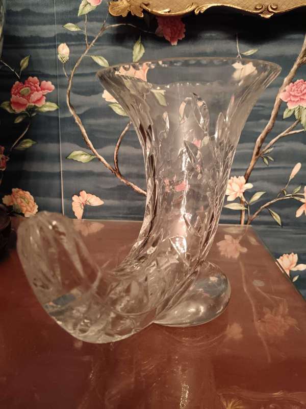 Bohemia Czech Cornucopia Crystal Rose Cut Vase