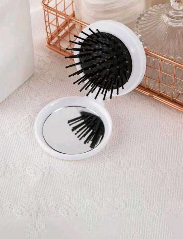 Round Travel Hair Brush with Mirror  Folding Pocket Comb for Hair Massage, Women & Girls(White)