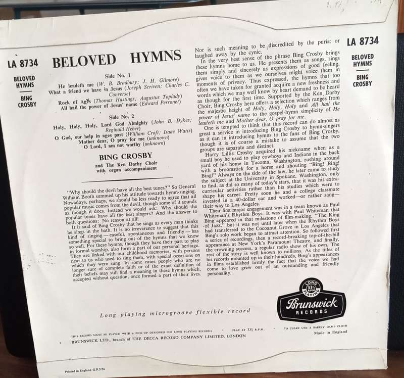 BING CROSBY - BELOVED HYMNS. UNBREAKABLE MICRO GROOVE RECORD.