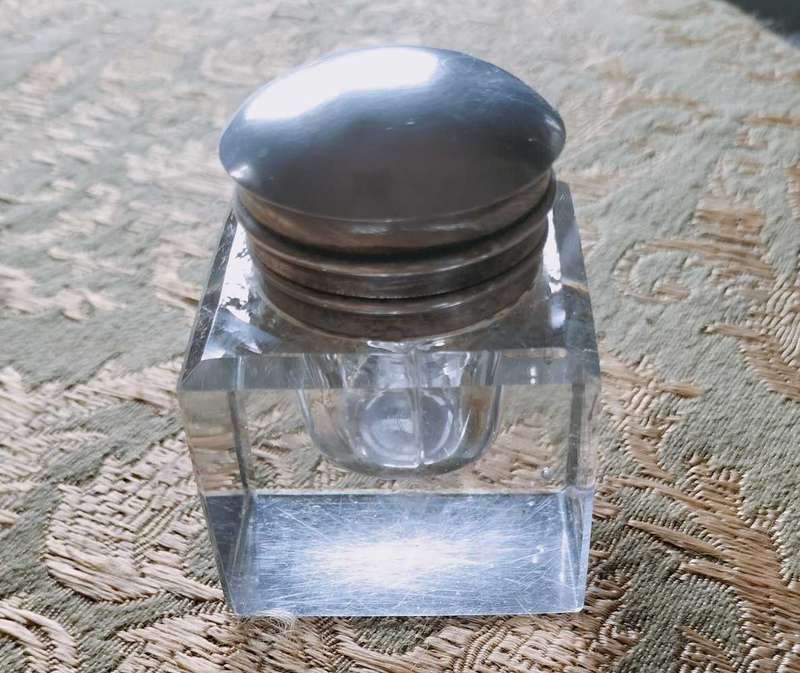 Crystal  inkwell with silver plated hinged lid