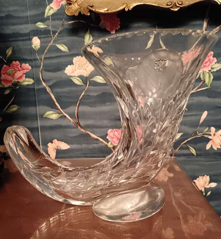 Bohemia Czech Cornucopia Crystal Rose Cut Vase