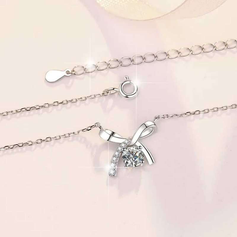 Necklace Sterling Silver 925 GRA Certified Moissanite Diamond 1 Karat Elegant Bow Knot Pendant