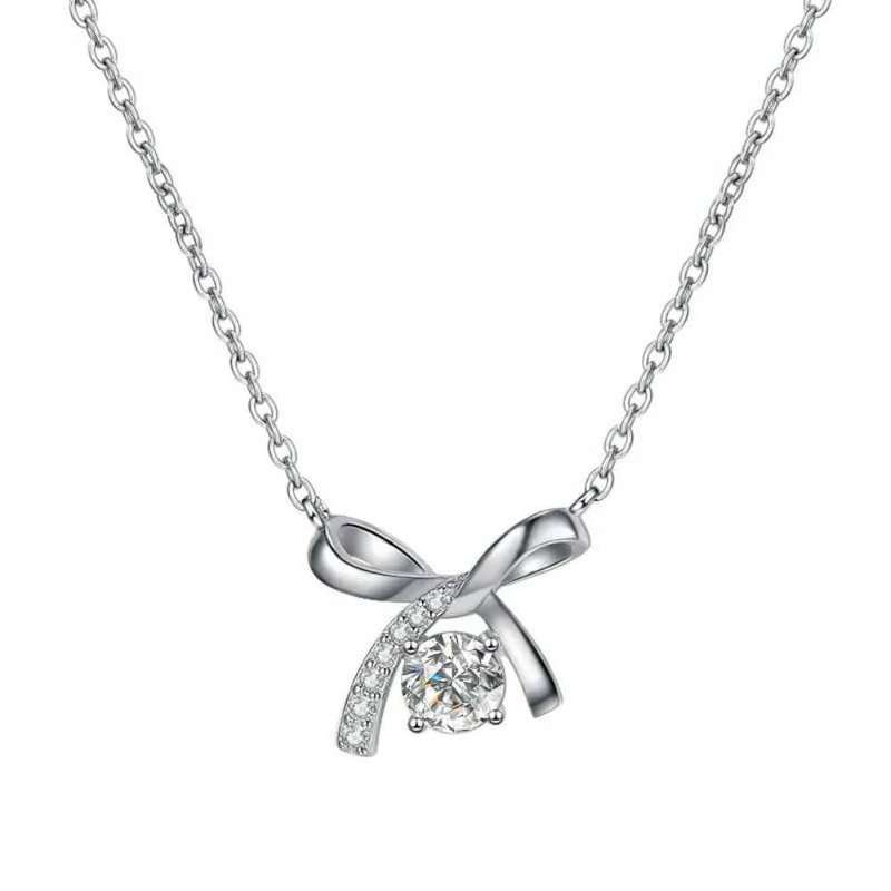 Necklace Sterling Silver 925 GRA Certified Moissanite Diamond 1 Karat Elegant Bow Knot Pendant