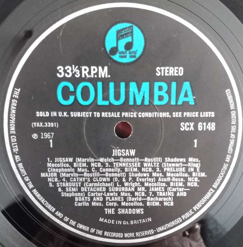 THE SHADOWS - JIGSAW 33 1/3 RPM VINYL RECORD