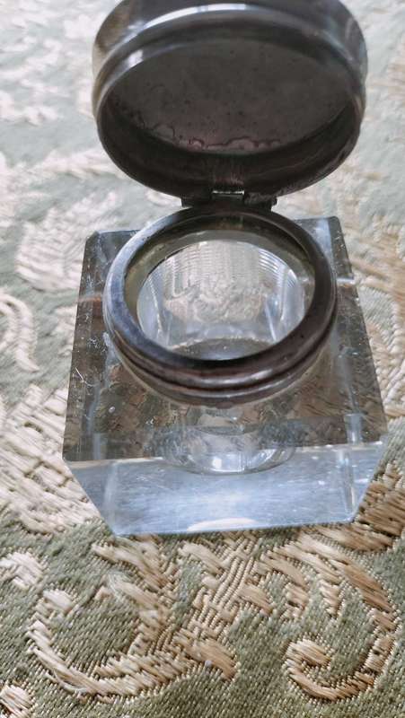 Crystal  inkwell with silver plated hinged lid