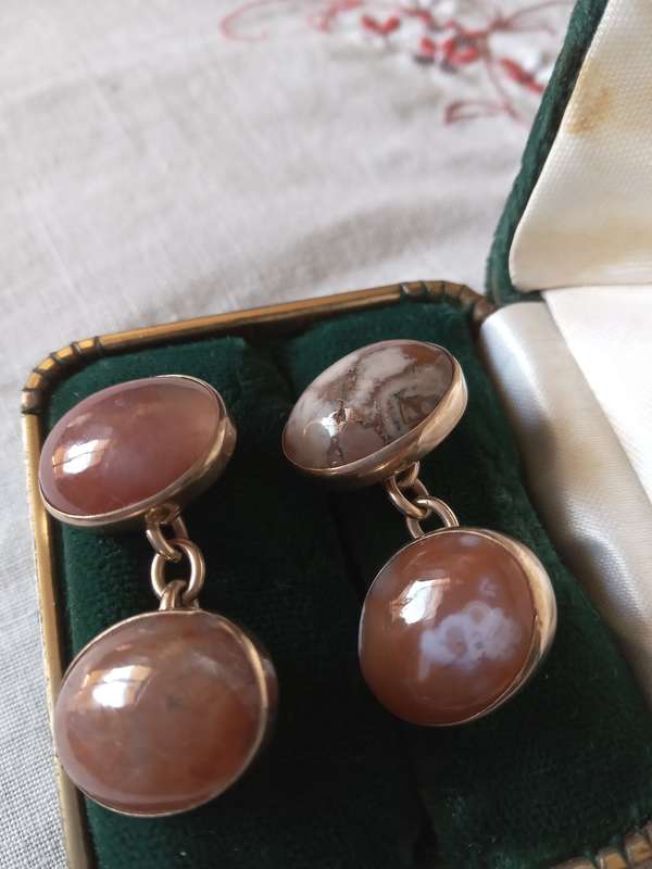 Vintage 9ct Gold And Natural Light Brown Snowflake Obsidian Double Sided Cuff Links