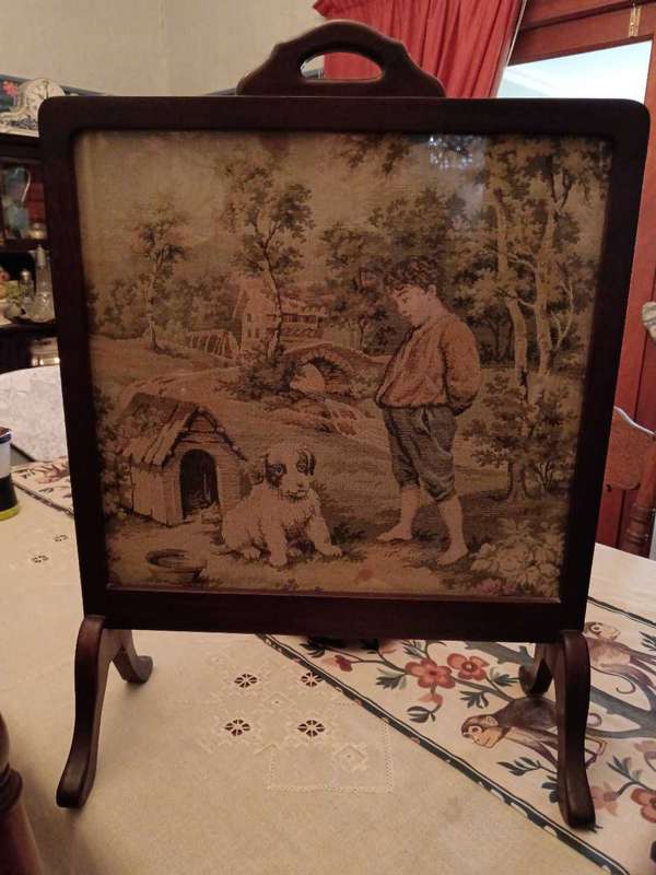 Vintage French Tapestry & Wooden Firescreen