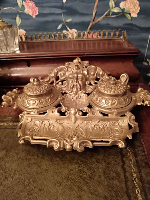 Antique Cast Bronze Double Inkwell with Bacchus Head Detail