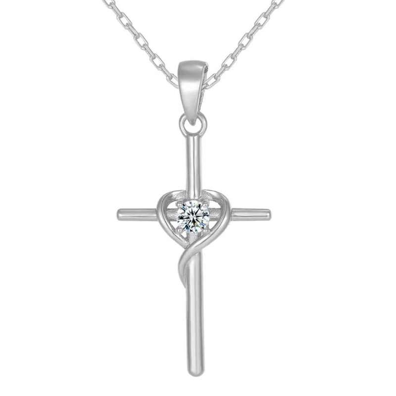 Necklace Sterling Silver 925 Moissanite Diamond Inlay Cross With Heart Pendant Fine Chain