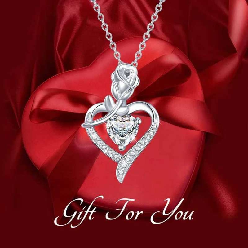 Necklace Sterling Silver 925 Cubic Zirconia Diamond Inlay Elegant Heart and Rose Pendant
