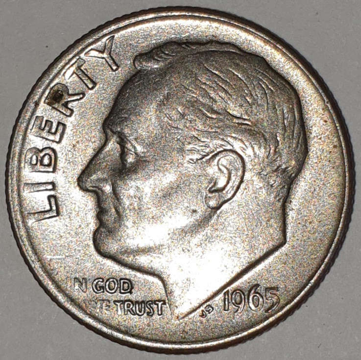 1965 - DIME - USA - ROOSEVELT - `STRUCK THROUGH GREASE` ERROR