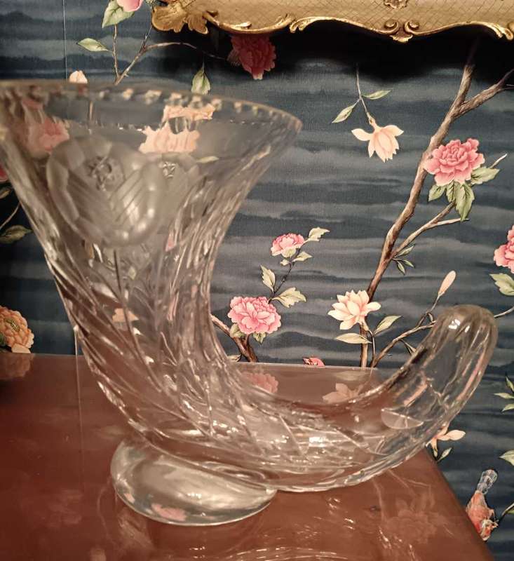 Bohemia Czech Cornucopia Crystal Rose Cut Vase