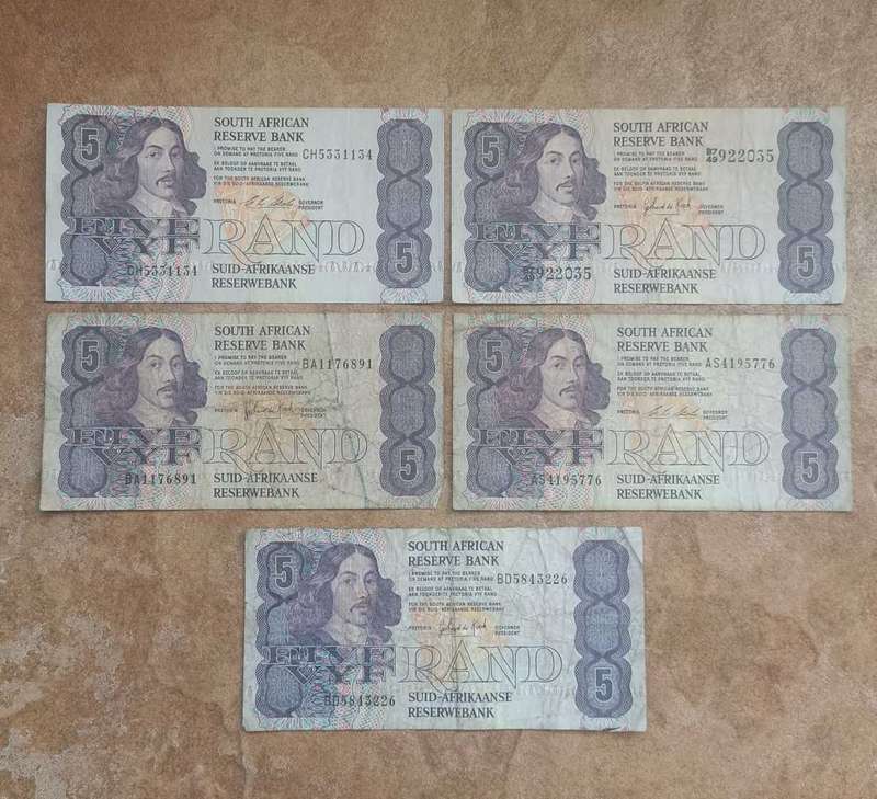 5 x South Africa R5 Old Notes, Van Riebeck, Circulated